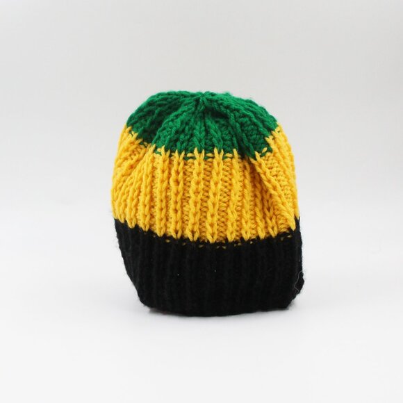 Handmade Hand Knit Cropped Raindrops Ribbed Knit Jamaica Themed Beanie Hat - Picture 2 of 4
